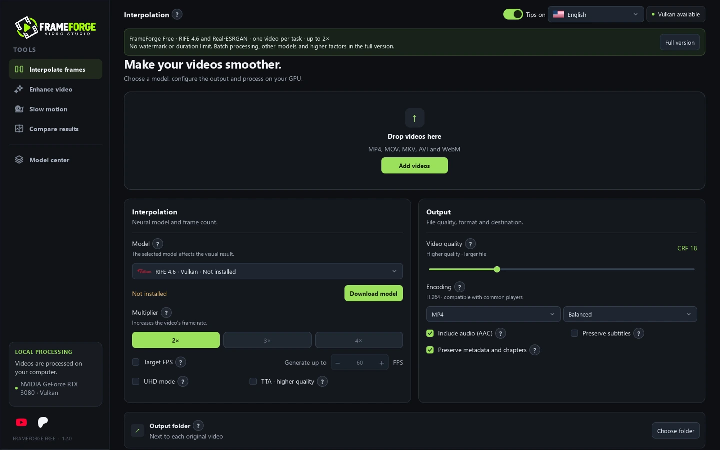 FrameForge-Interpolationsbereich mit Modell-, Bildraten- und Ausgabeeinstellungen